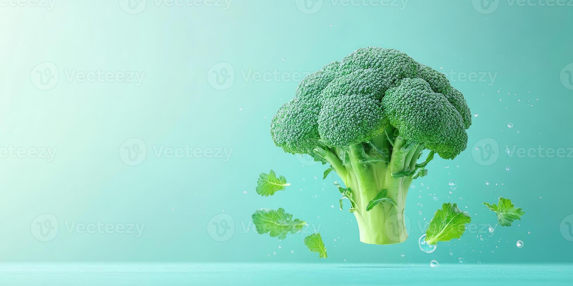 A Fresh Broccoli Floats in Water with Splashing Leaves photo