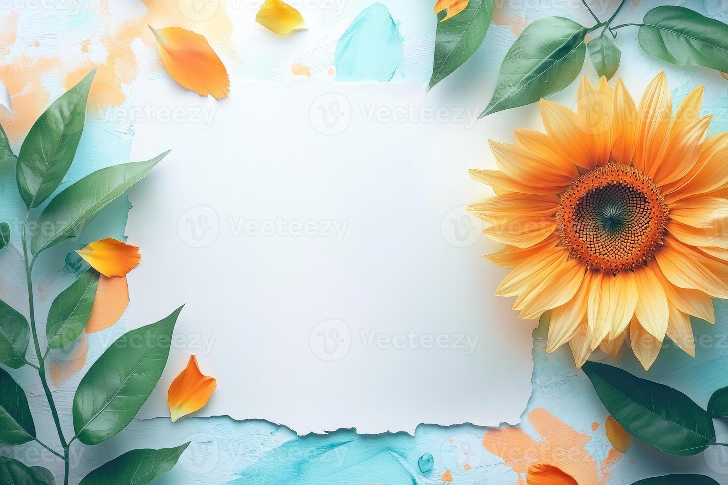 A Sunflower with Green Leaves and Petals Surrounding a Blank White Card photo