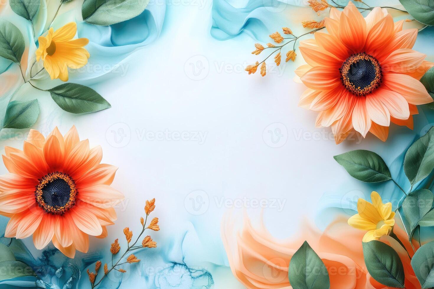 A Floral Arrangement with Sunflowers, Yellow Flowers, and Blue and Orange Fabric photo