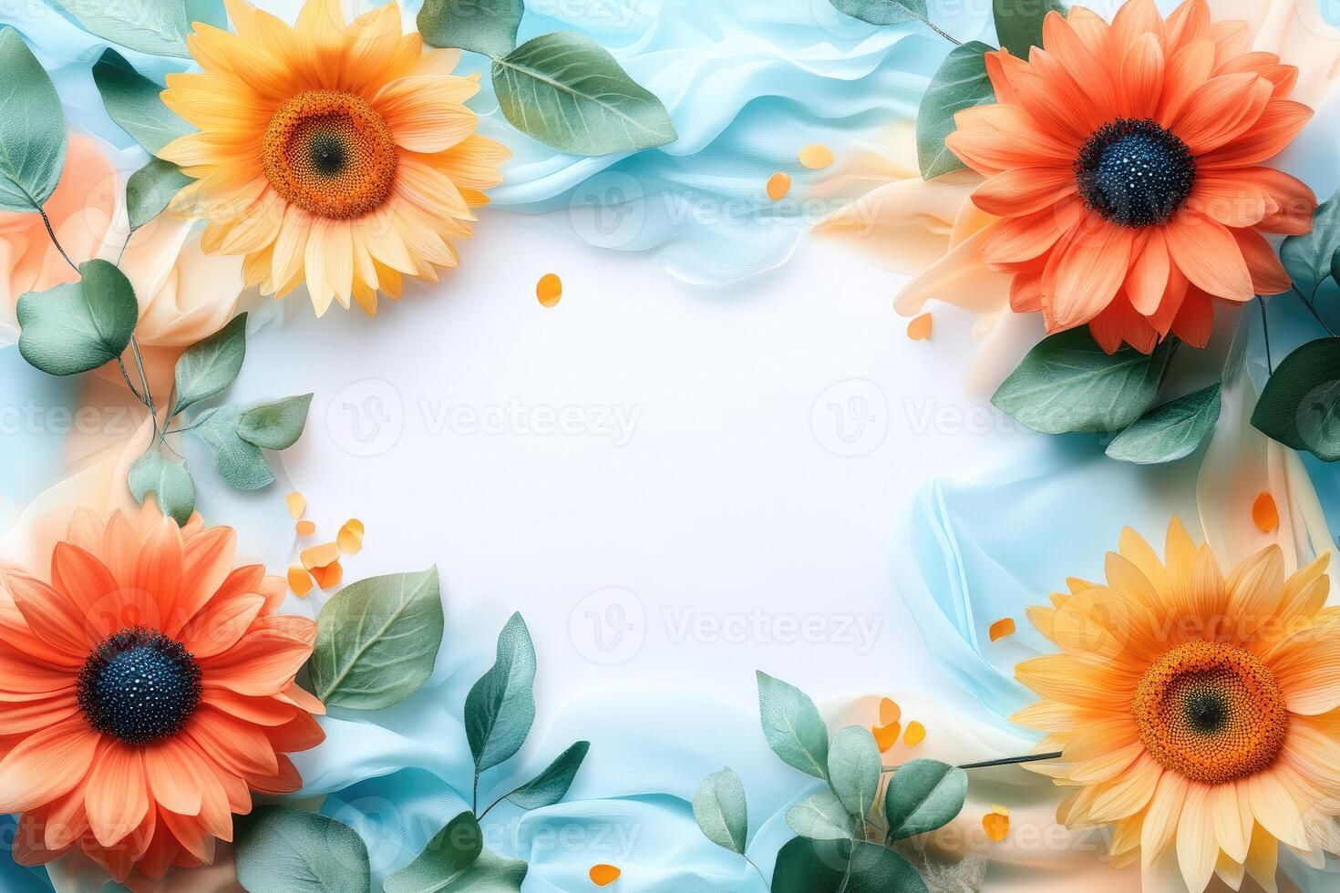 Bright Sunflowers and Green Leaves Surrounding a White Space photo