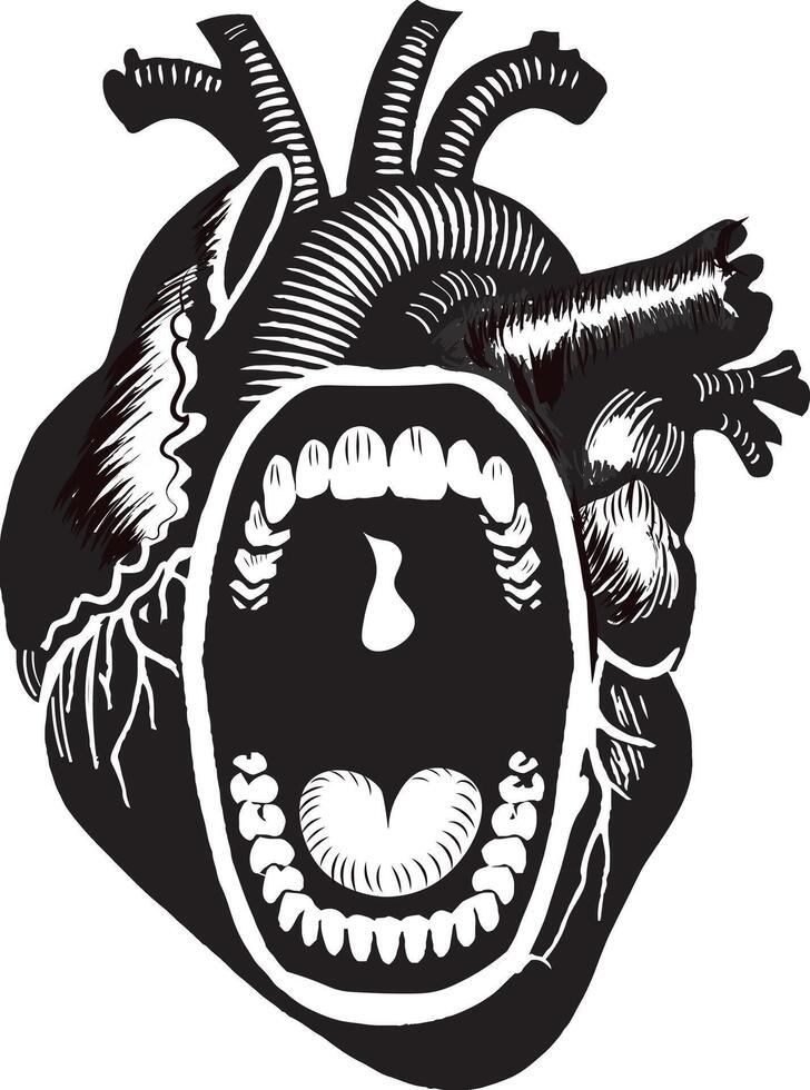 Powerful Black-and-White Heart with Screaming Mouth Silhouette Art - Symbolizing Intense Emotions and Inner Struggle vector