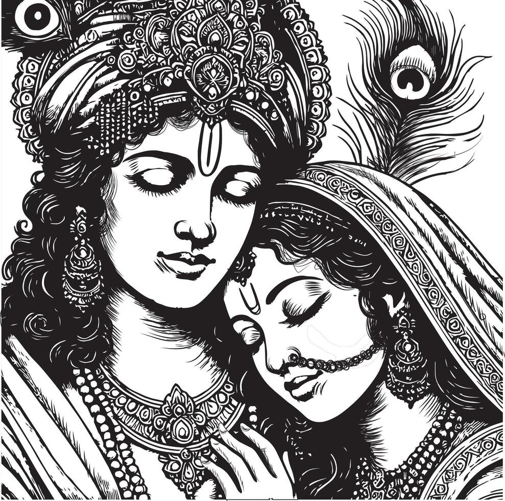 Black and White Illustration of Lord Krishna and Radha vector