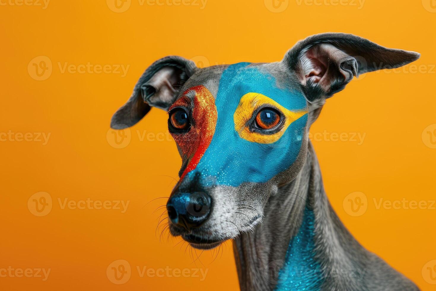 Close-up of a Dog with Blue, Yellow, and Orange Face Paint photo