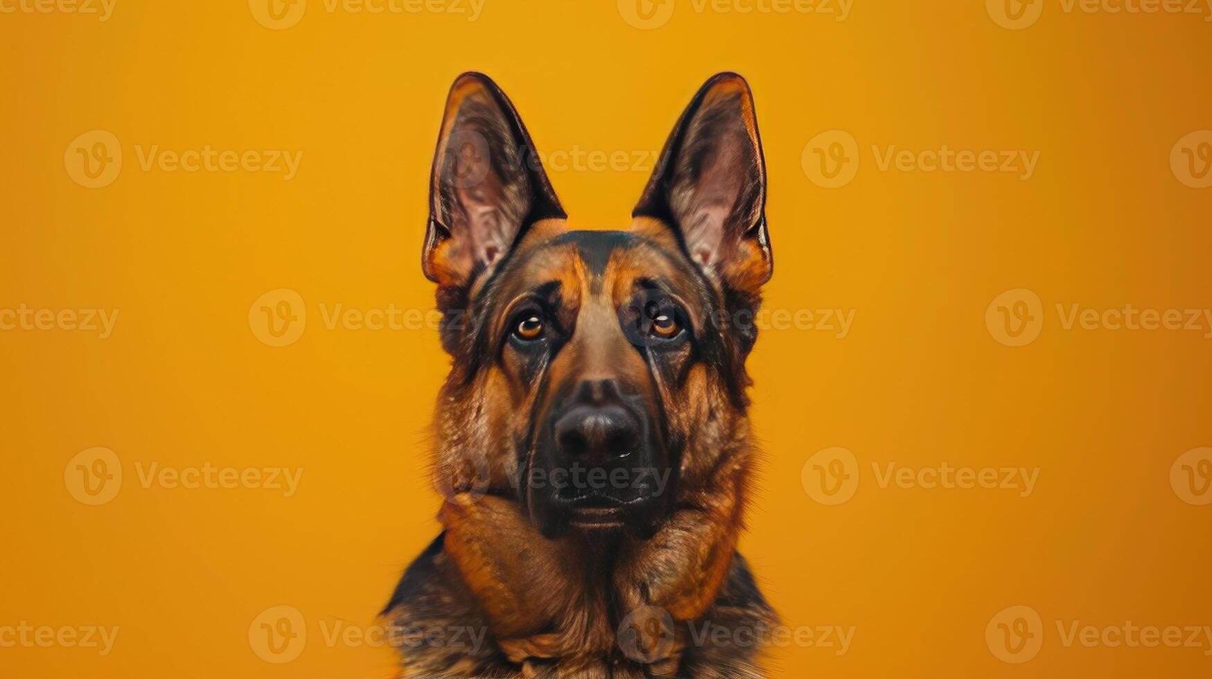 A German Shepherd's Face with Perked Ears Against a Yellow Background photo
