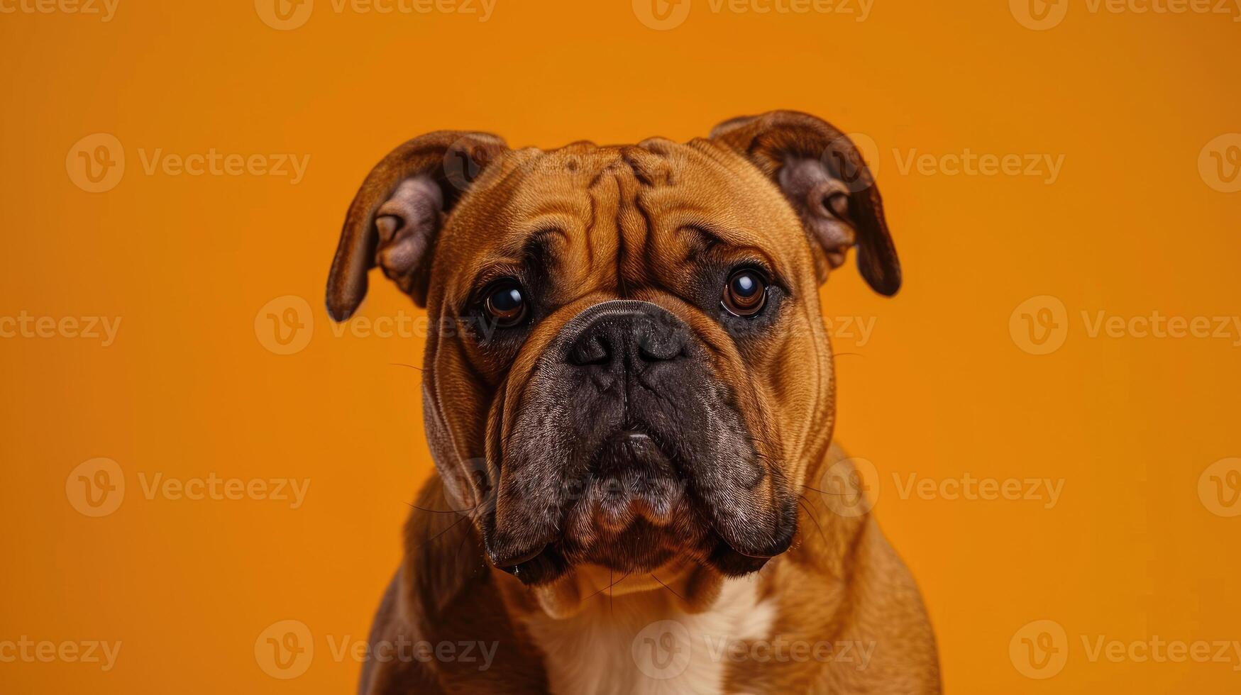 Close-up Portrait of a Brown and White Bulldog with a Serious Expression photo
