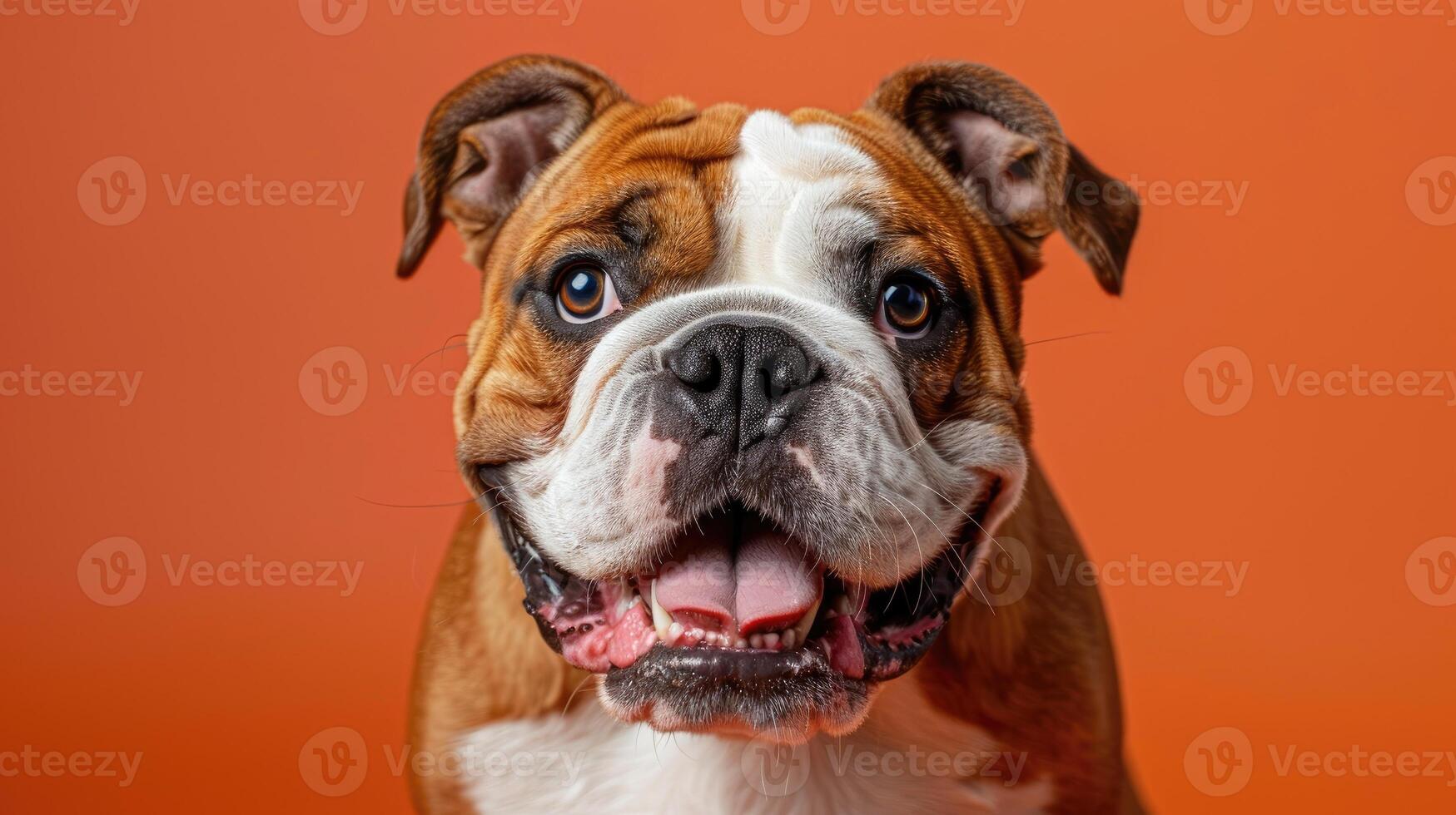 Close-up portrait of a smiling English Bulldog with brown and white fur against a burnt orange background. photo