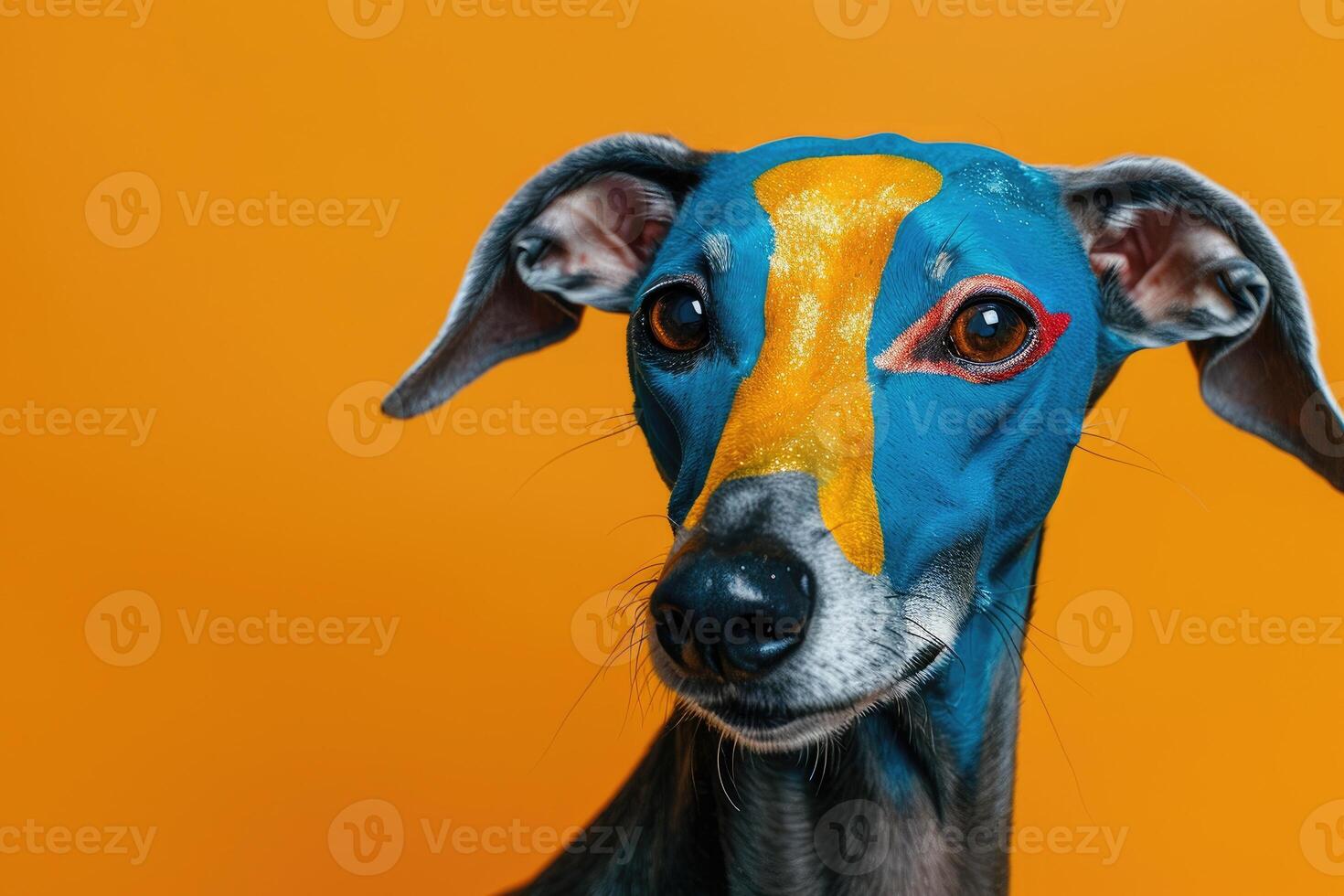 A Close-Up of a Dog with Blue and Yellow Face Paint photo