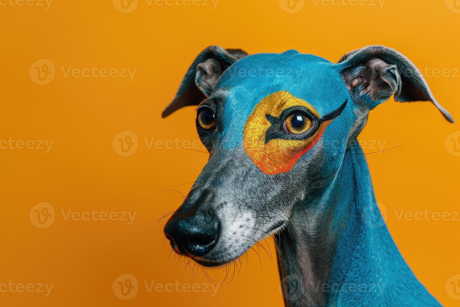 Close-up Portrait of a Dog with Blue and Orange Paint photo