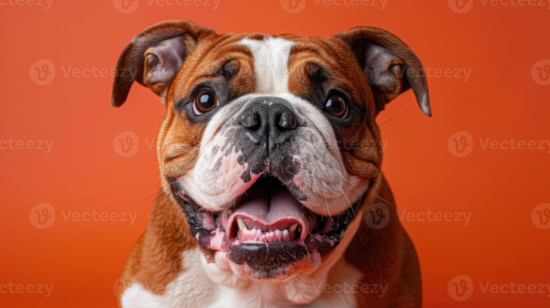 A Close-Up Portrait of a Smiling Bulldog Against an Orange Background photo