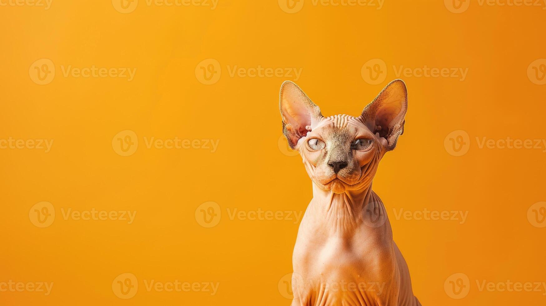 Hairless Sphynx Cat Sitting Against a Vibrant Orange Background photo