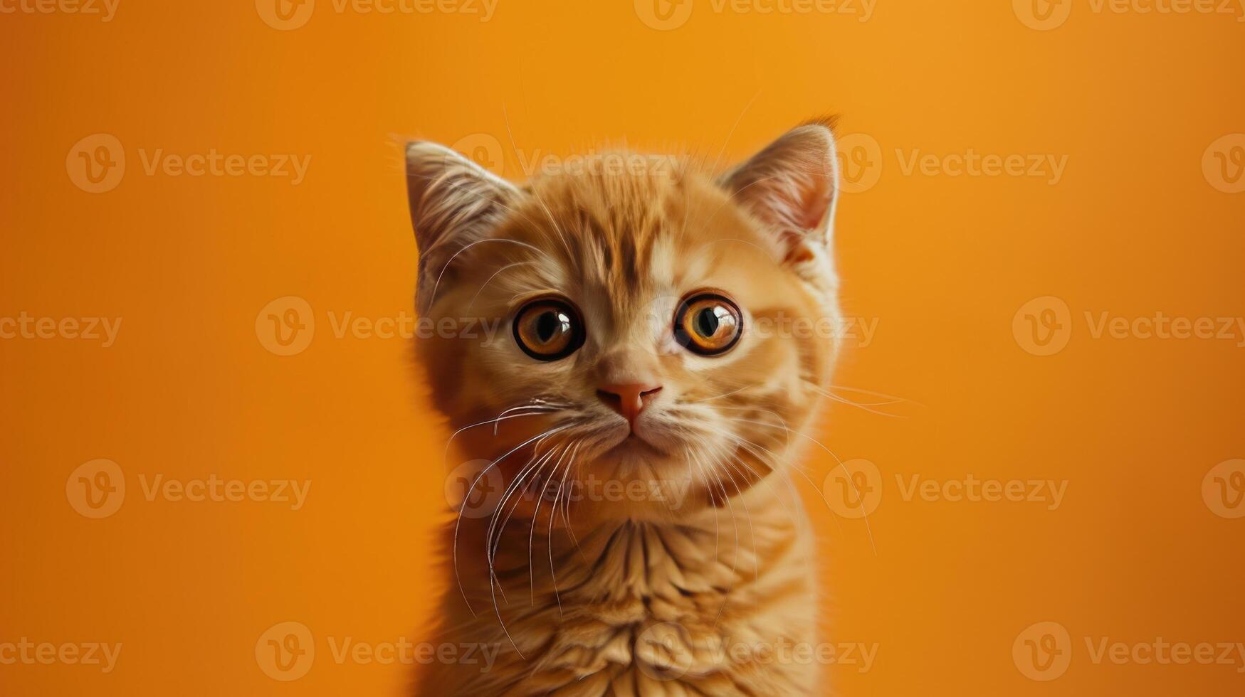 A Close-Up of a Ginger Kitten with Wide Eyes Against an Orange Background photo