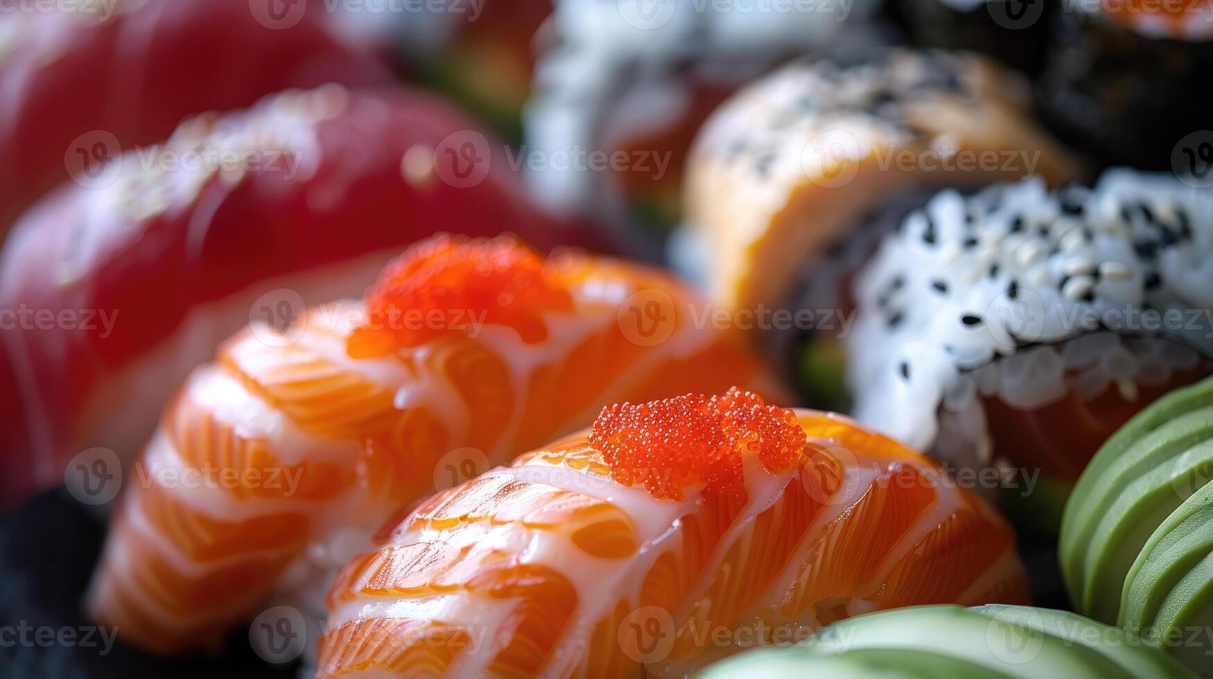 Close-up of Salmon Nigiri Sushi with Red Caviar and Avocado Garnish photo