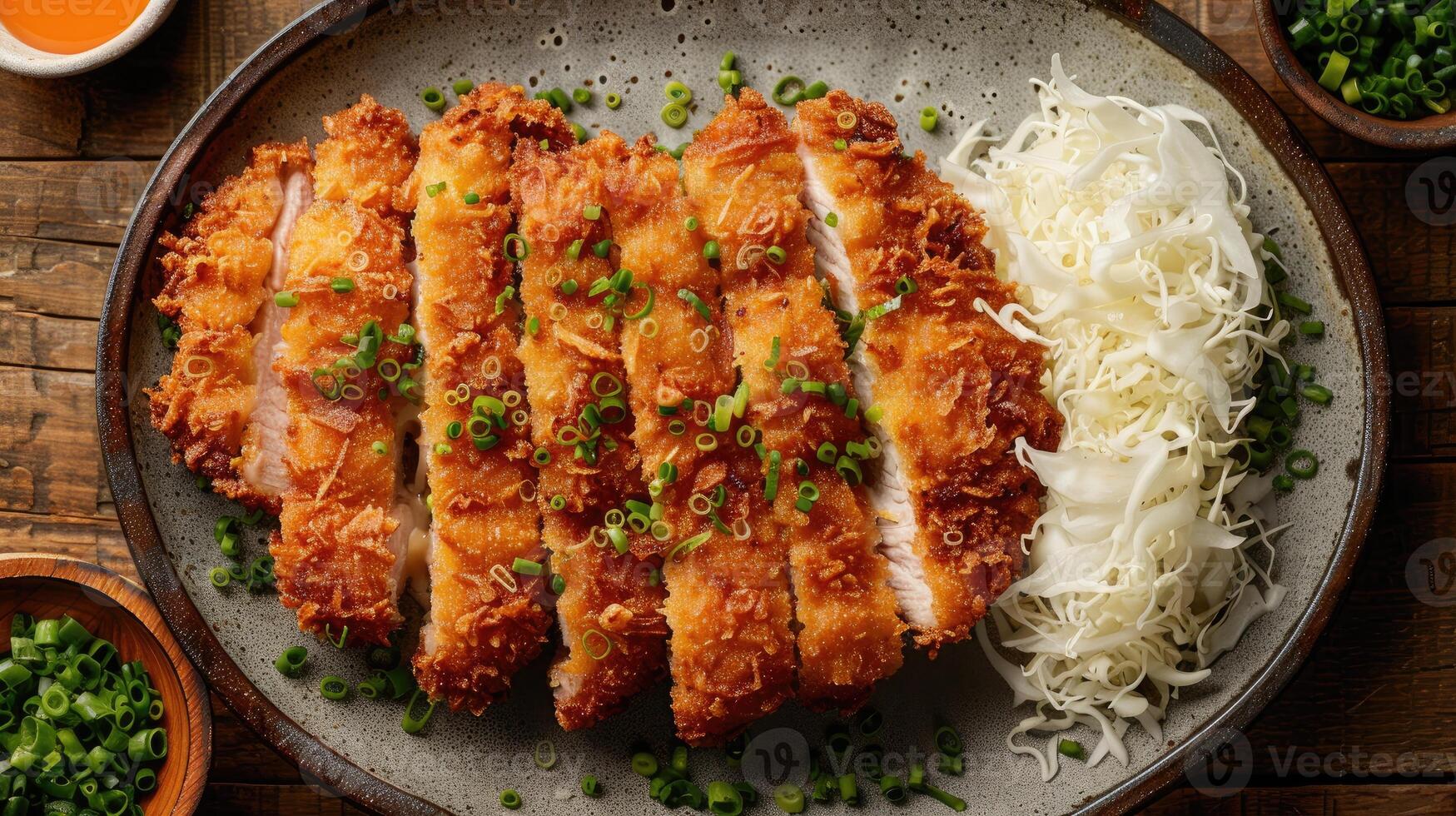 Crispy Breaded Pork Cutlets Served with Cabbage and Green Onions photo