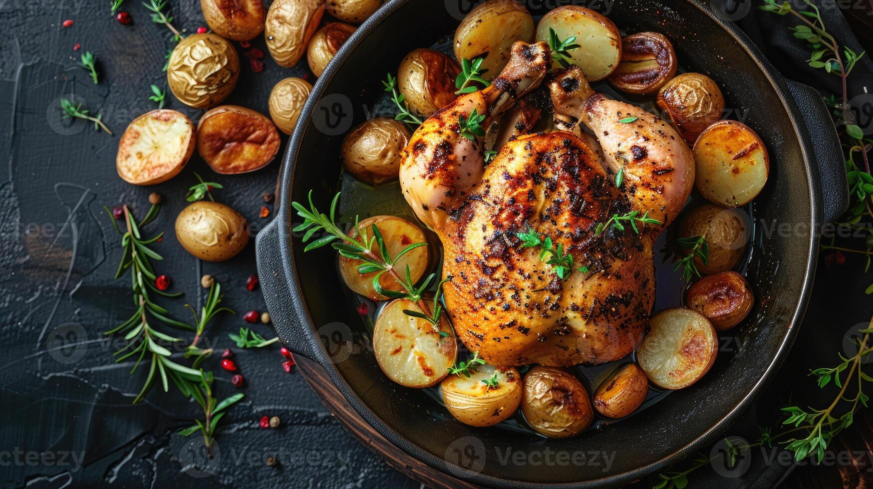 Roasted Chicken with Potatoes and Herbs in a Cast Iron Skillet photo