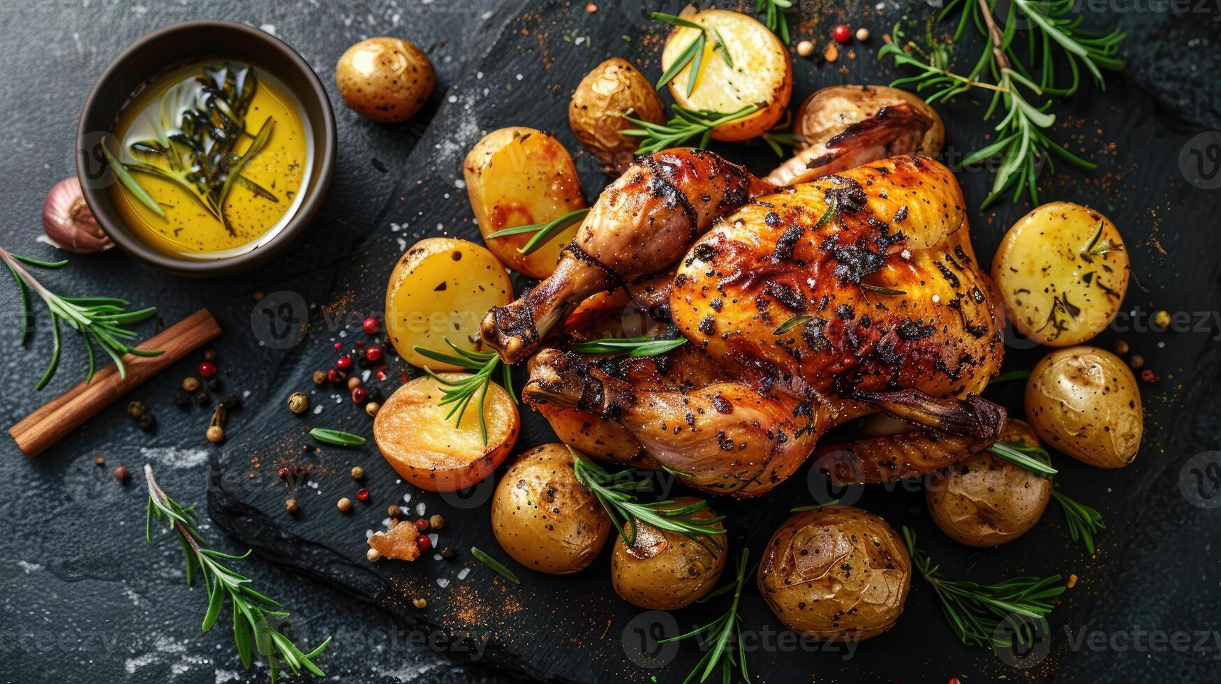 Roasted Chicken with Potatoes and Rosemary on Black Slate Plate photo