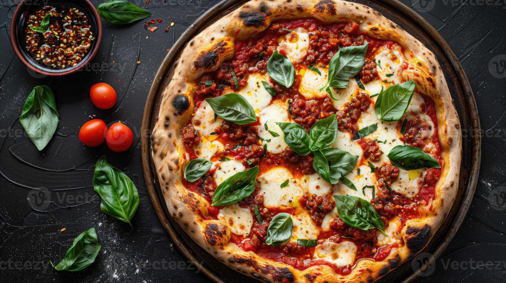 Pizza with Tomato Sauce, Mozzarella, and Basil on a Black Background photo
