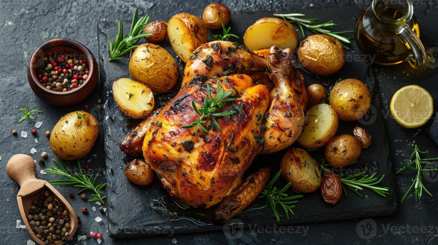 Roasted Chicken with Rosemary and Potatoes on Black Slate photo