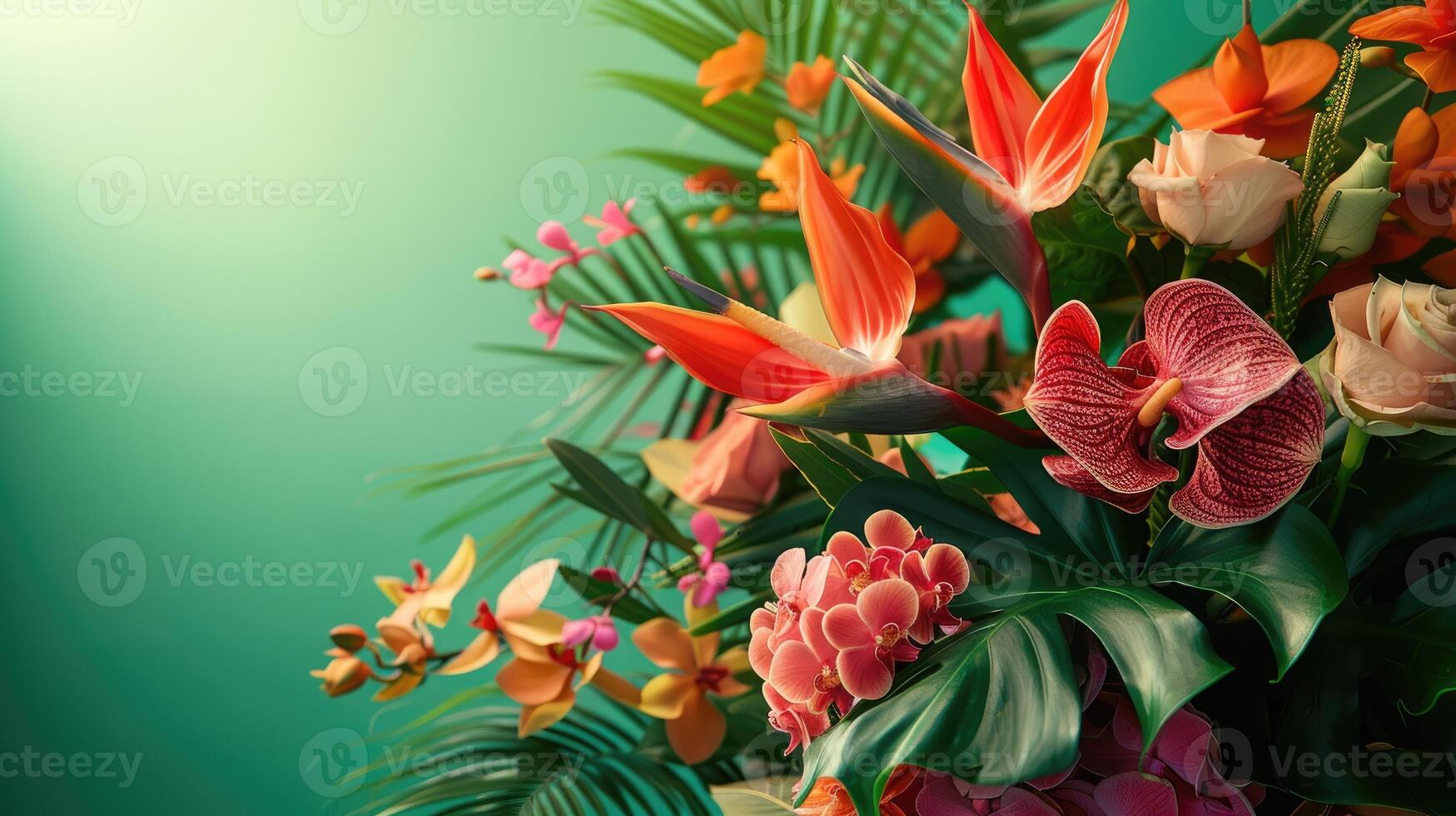 Close-up of Tropical Flowers and Foliage with a Green Background photo