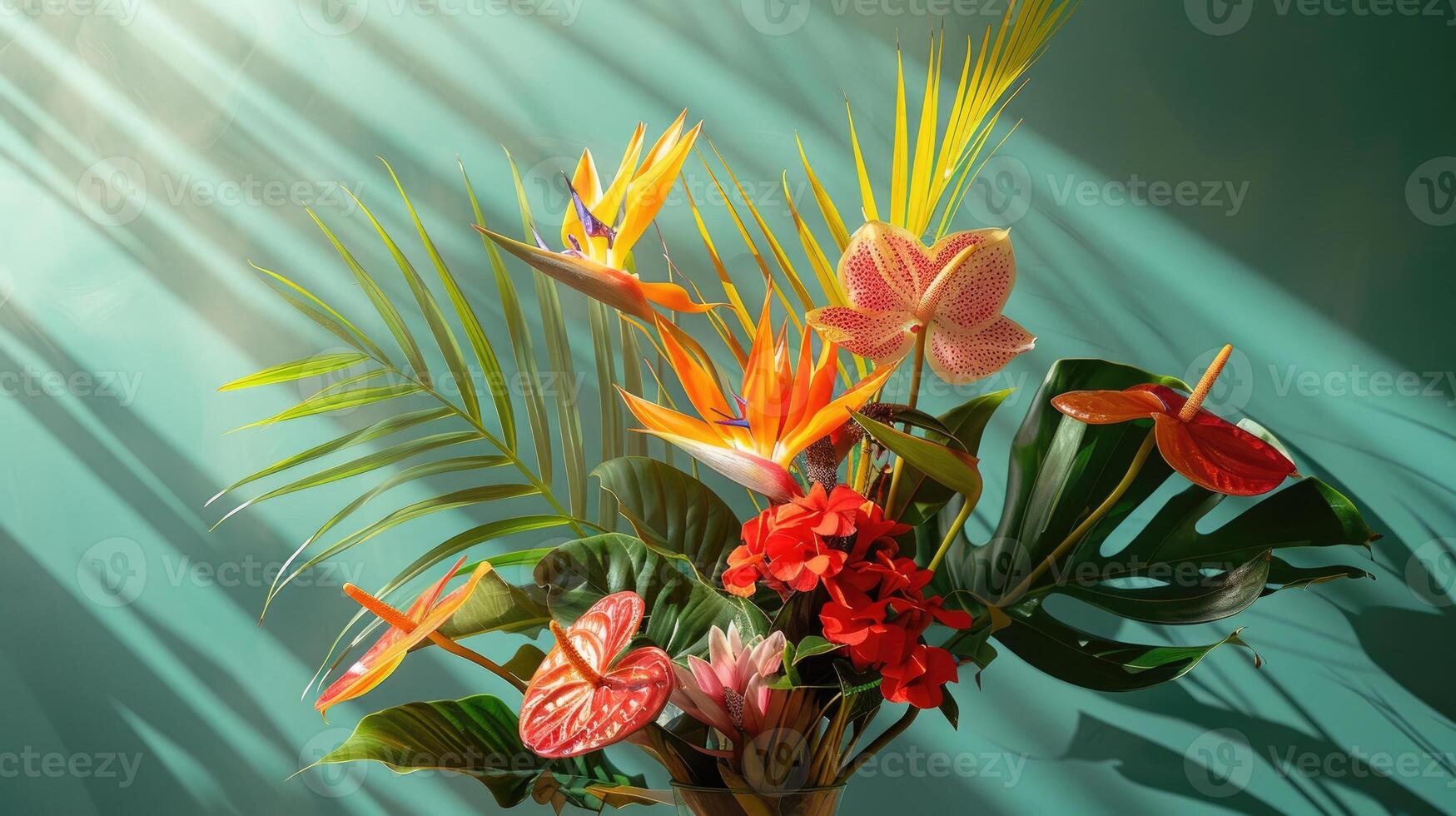 Vibrant Tropical Flowers in Sunlight Against a Teal Background photo
