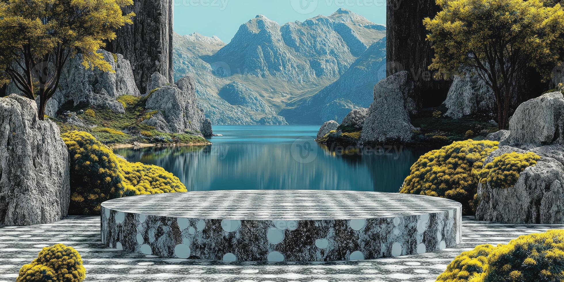 A Circular Platform Between Rocky Cliffs and a Mountain Lake photo