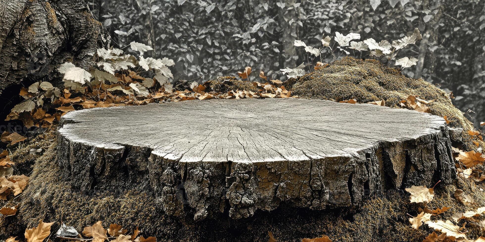 A Weathered Tree Stump with Dried Leaves photo
