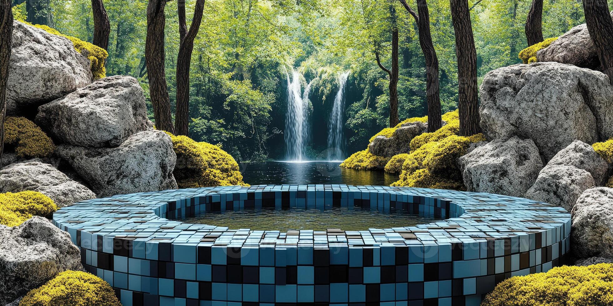 Circular Pool in a Tranquil Forest Setting with a Waterfall in the Background photo