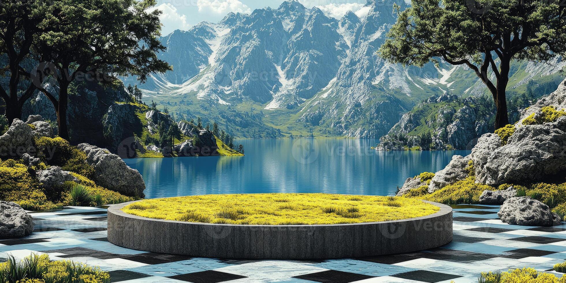 Stone Platform with Grass Overlooking a Mountain Lake photo