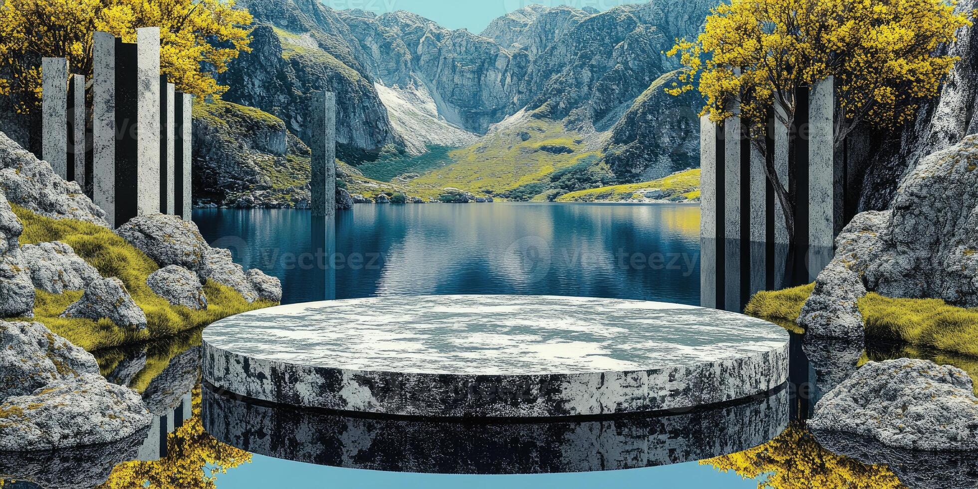 Stone Platform in a Mountain Lake with Autumn Trees photo