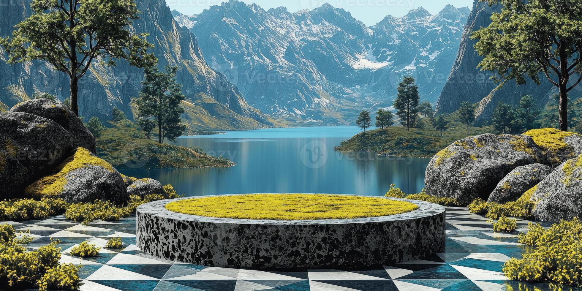 Circular Stone Platform with Grass and Mountain View photo
