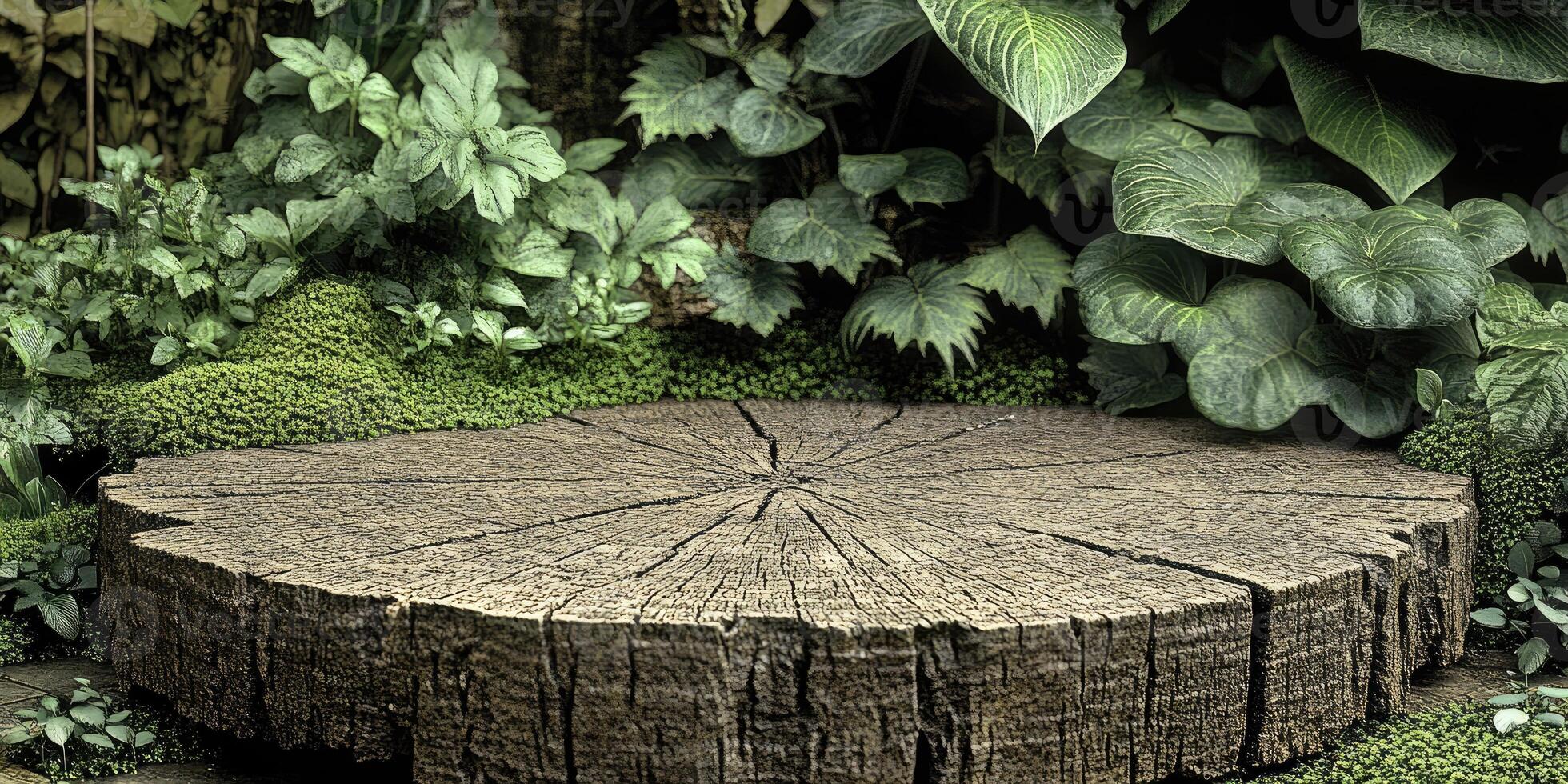 Tree Stump Platform Surrounded by Lush Greenery photo