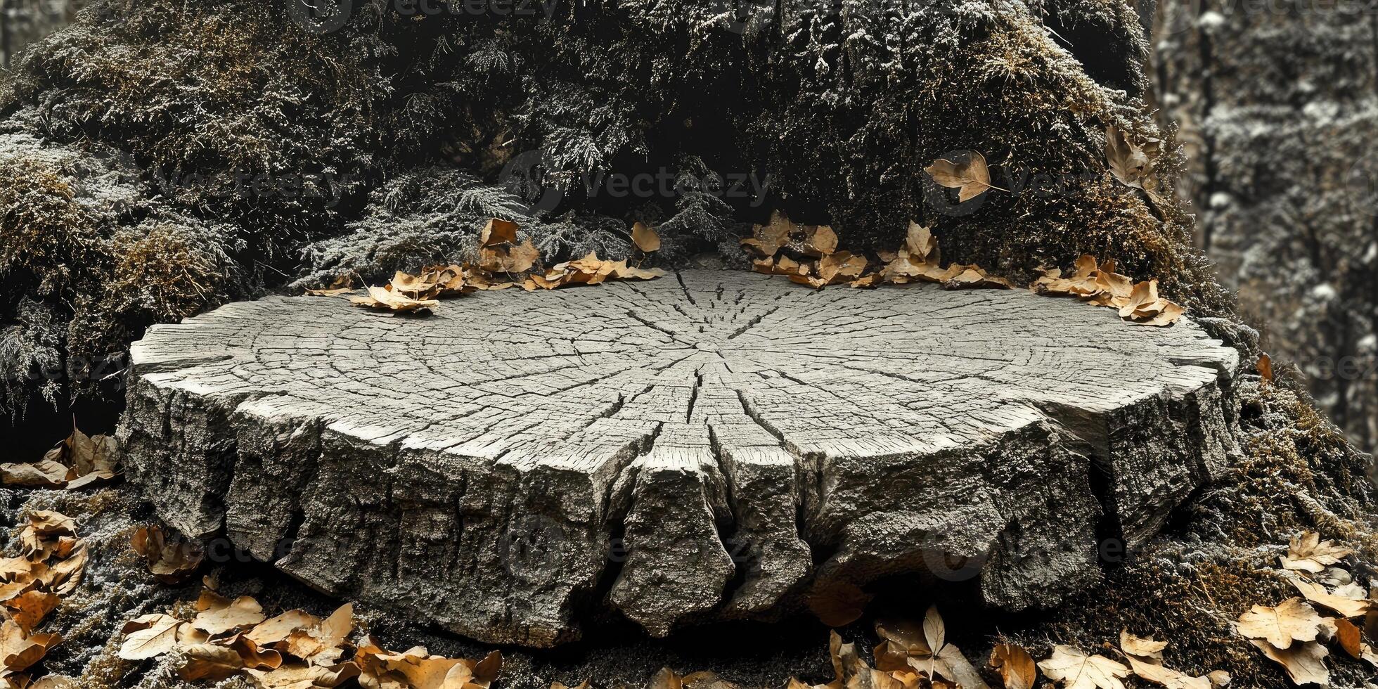 Tree Stump with Cracked Surface and Autumn Leaves photo