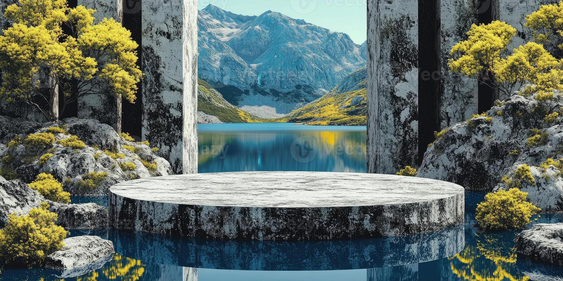 Circular Stone Platform with Mountain Lake and Trees photo