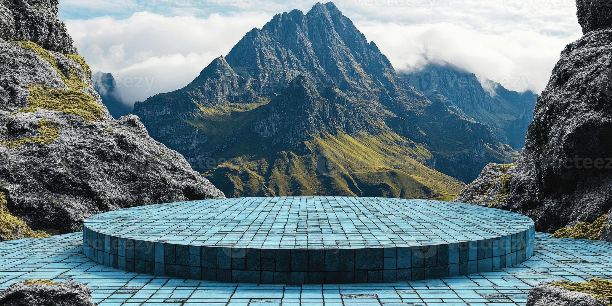 Blue Circular Platform in Front of a Mountain Range photo