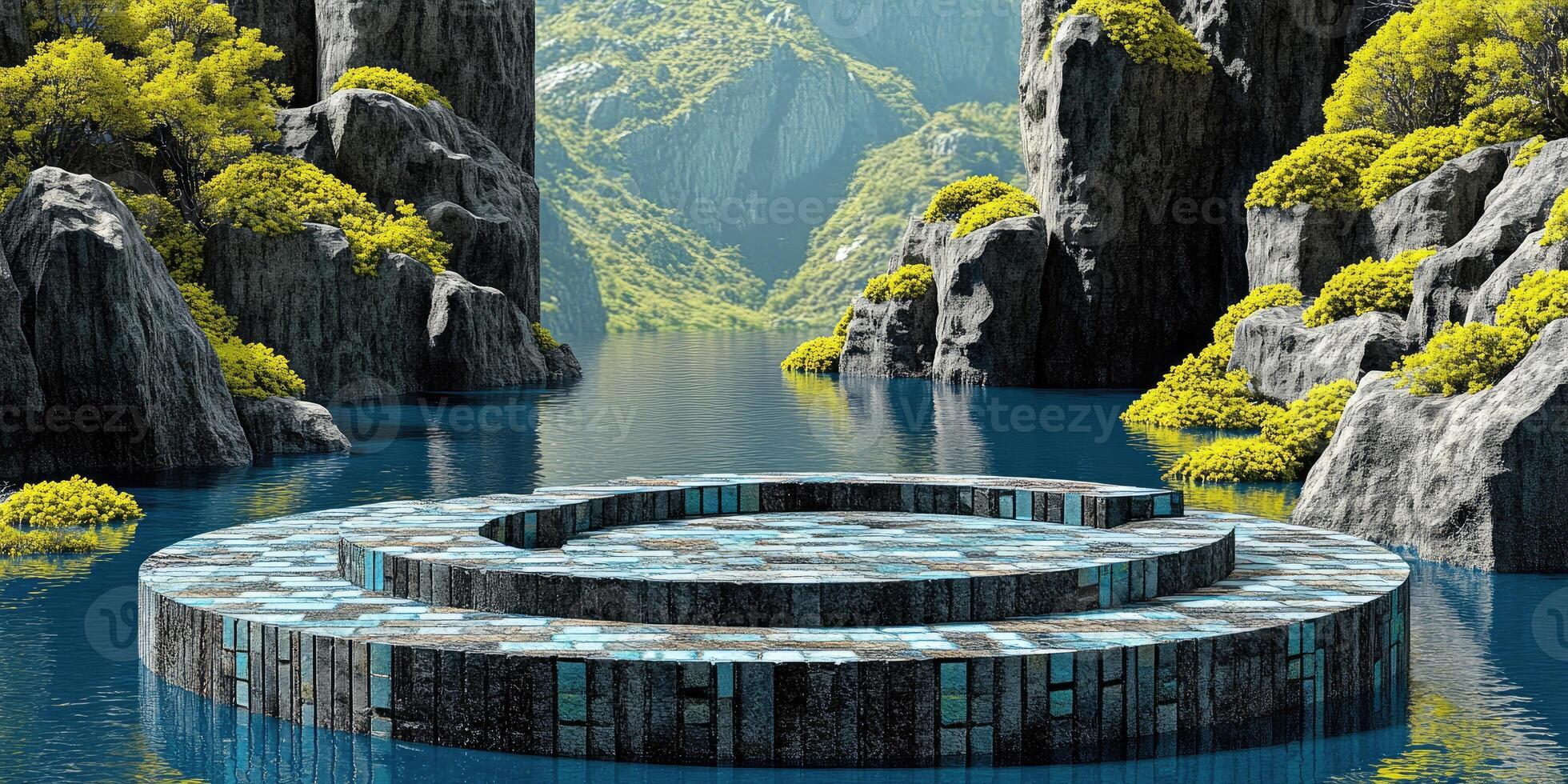 Stone Platform in a Mountain Lake with Lush Green Foliage photo