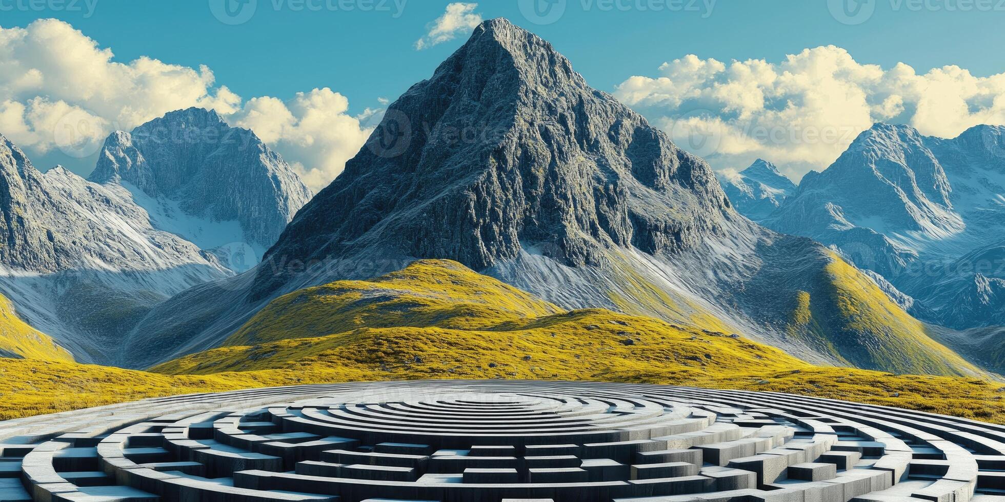 Circular Structure in Mountain Valley photo