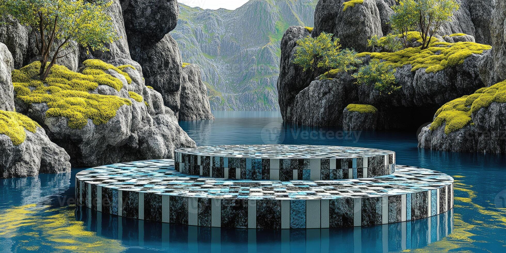 A Circular Stone Platform in a Tranquil Mountain Lake photo
