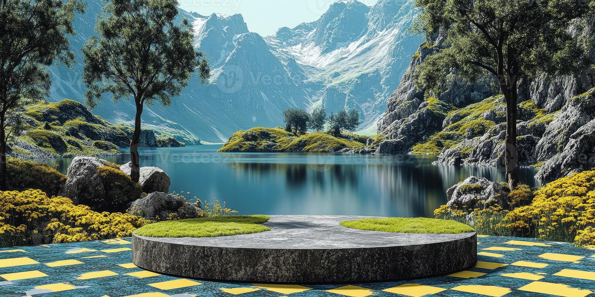 Stone Platform With Grass Against a Mountainous Lake Landscape photo