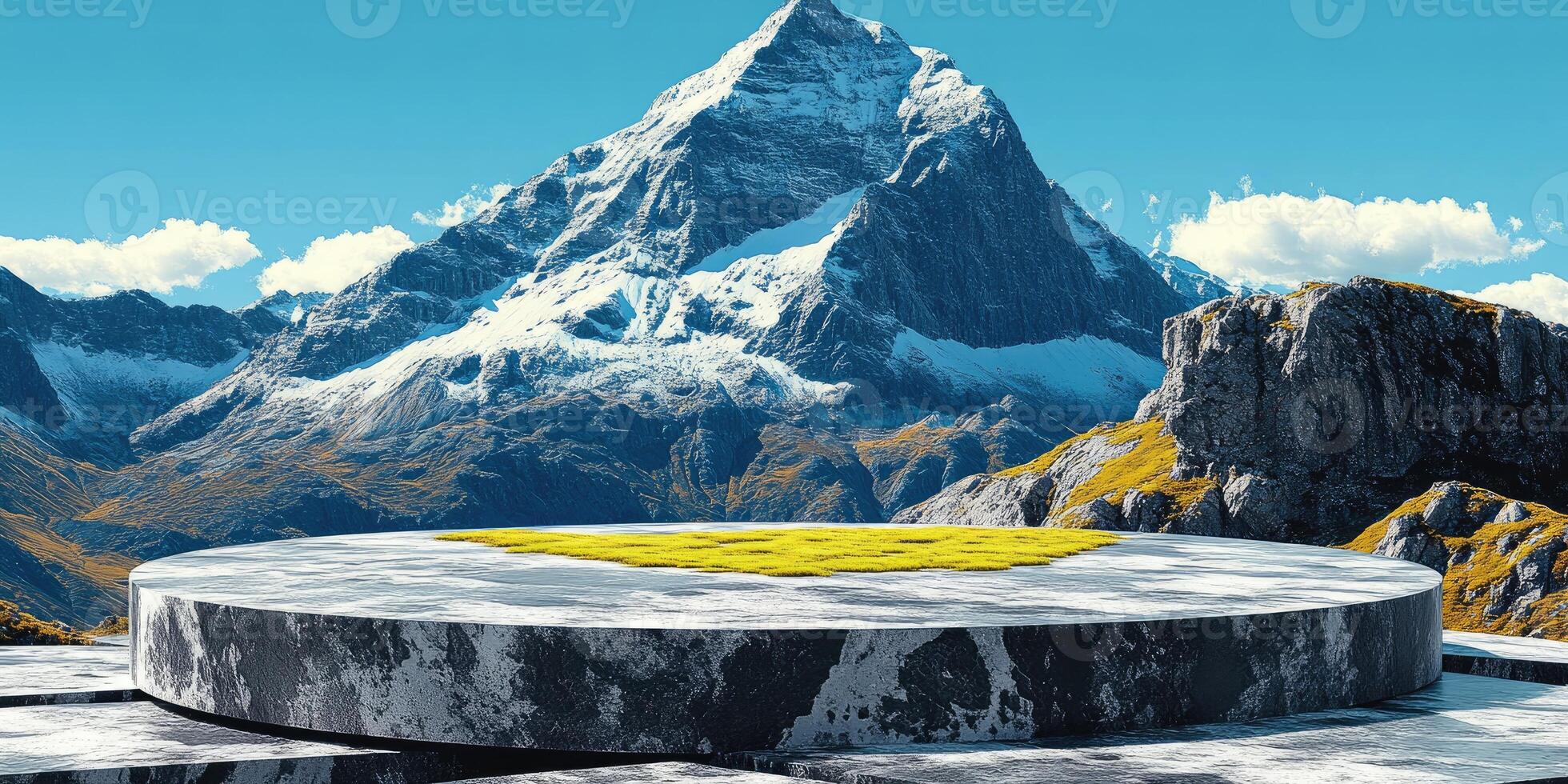 Stone Platform with Grass Patch in Front of a Mountain Range photo