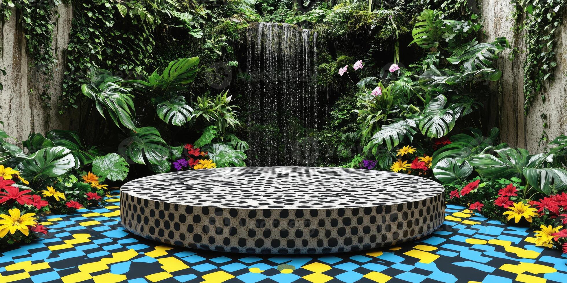 Stone Platform in a Lush Tropical Setting with a Waterfall photo