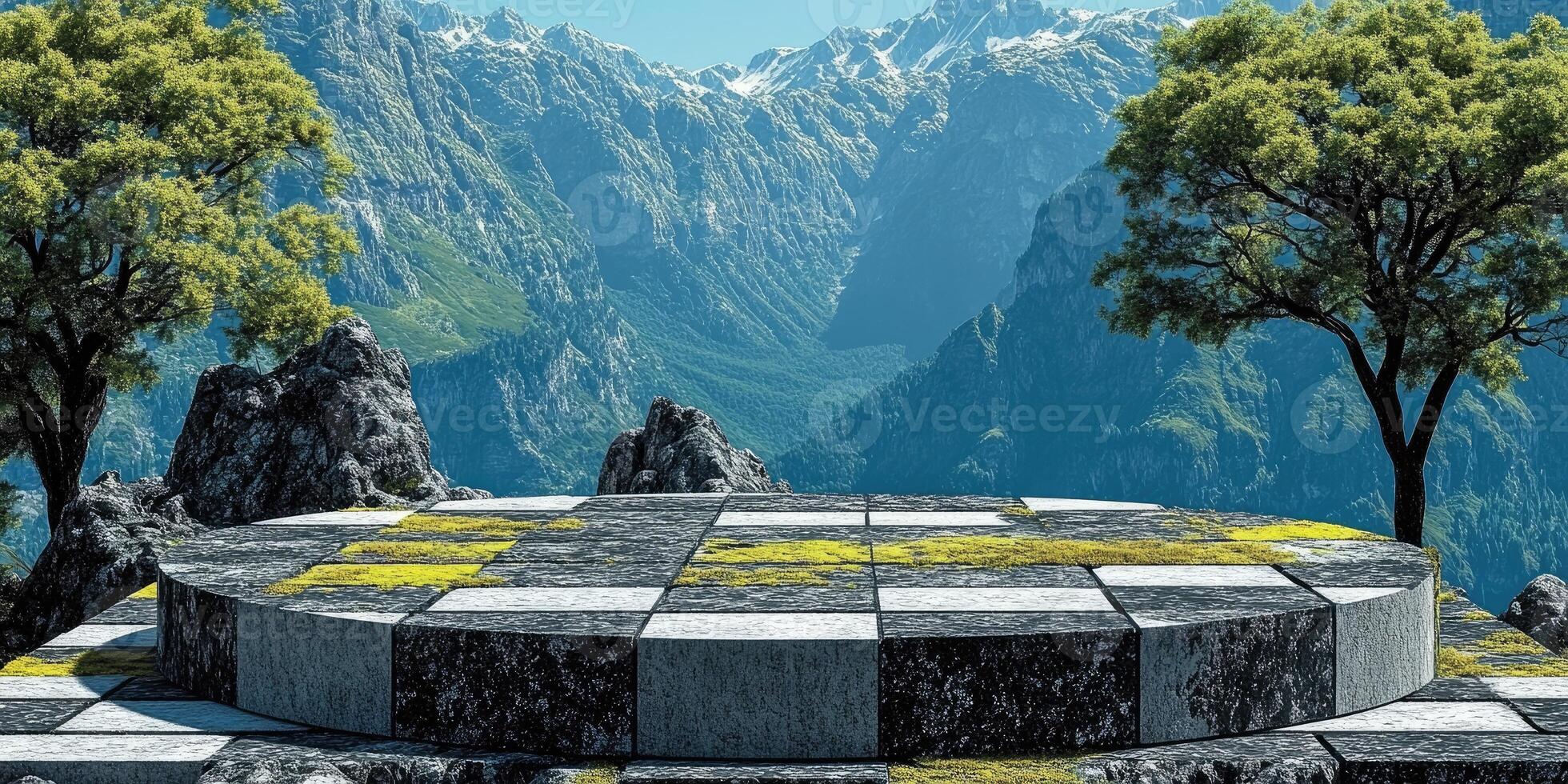 Stone Platform Overlooking Majestic Mountain Valley photo