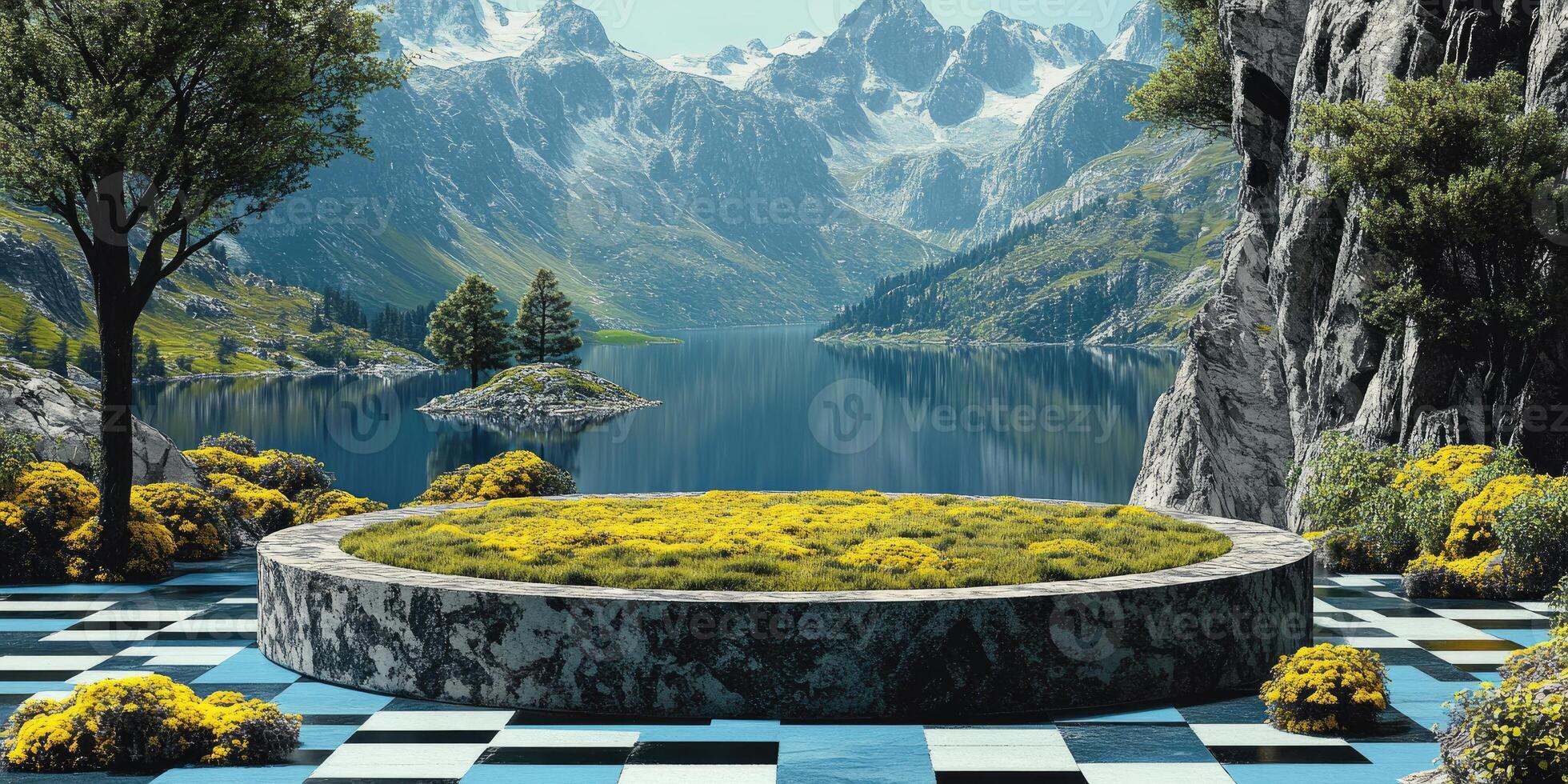 Stone Platform with Grass and Flowers Overlooking a Mountain Lake photo