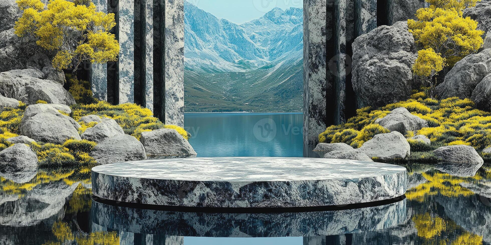 Stone Platform with Mountain, Lake, and Yellow Flowers photo