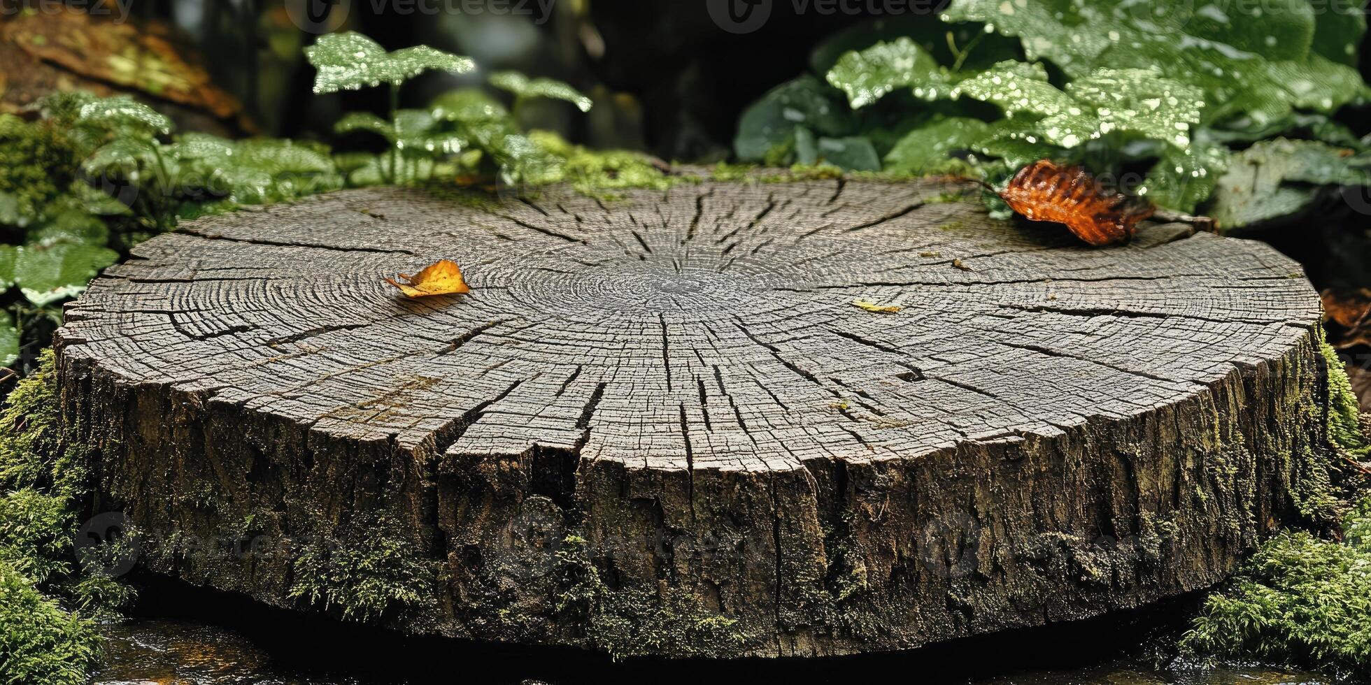 A Weathered Tree Stump with Dried Leaves and Lush Greenery photo