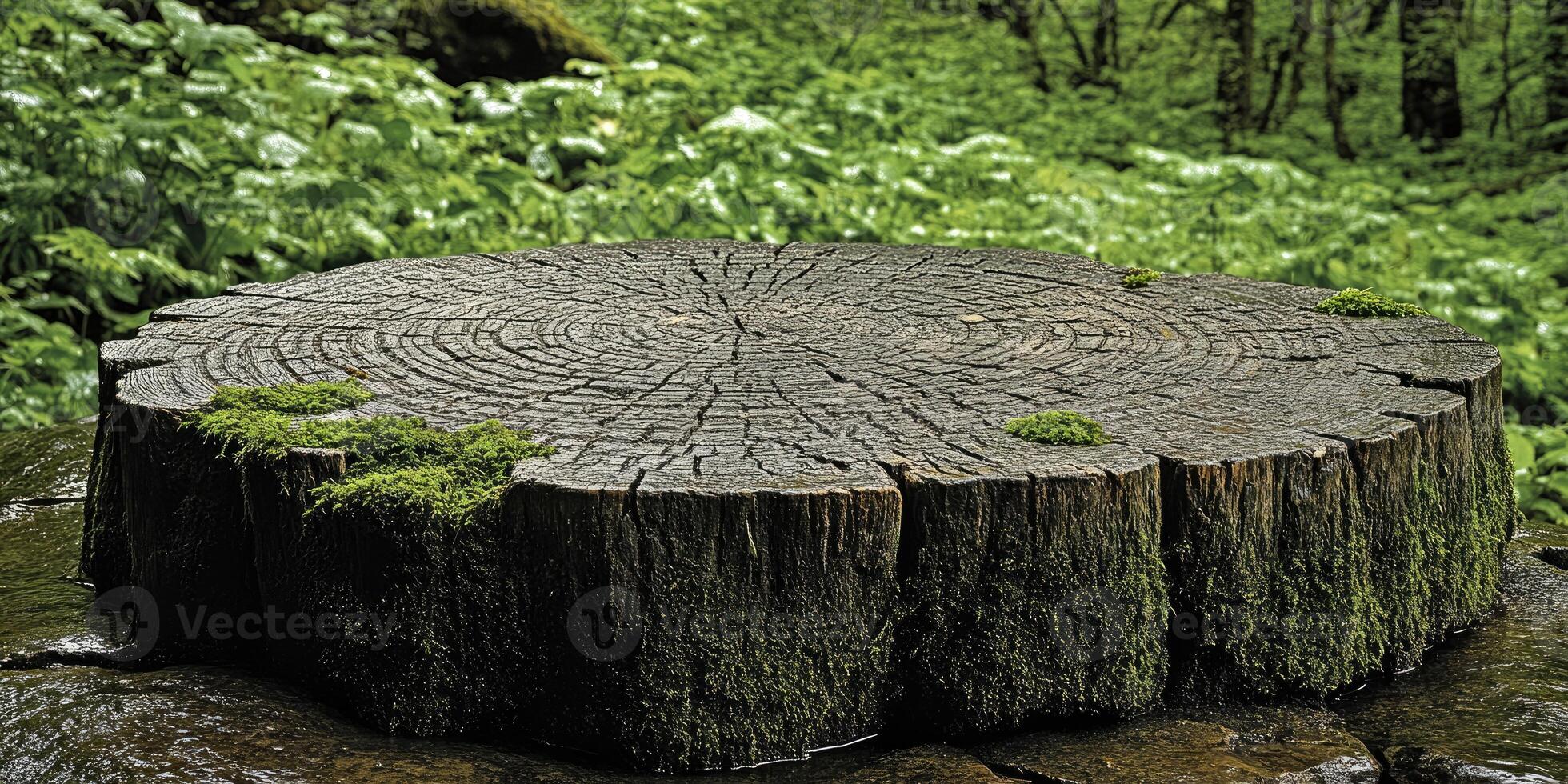A weathered tree stump with moss, surrounded by lush green foliage photo