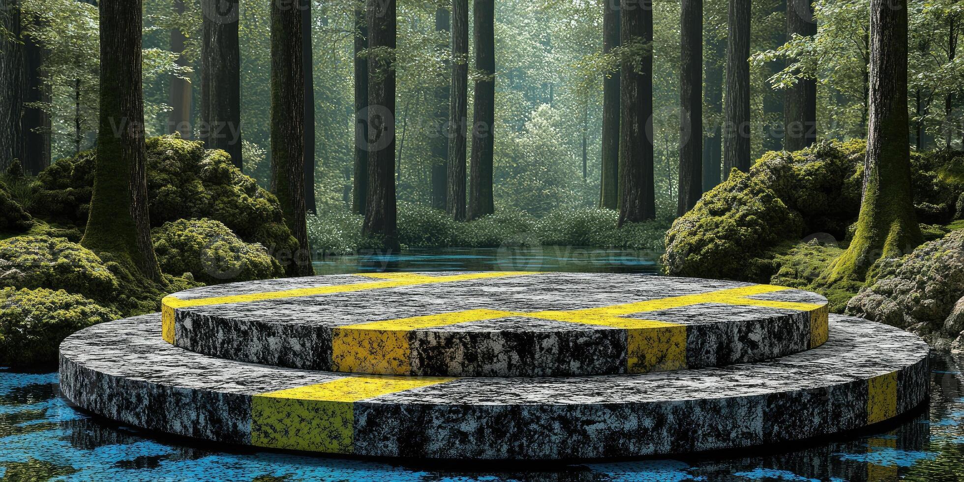 Stone Platform with Yellow Stripes in a Mystical Forest photo