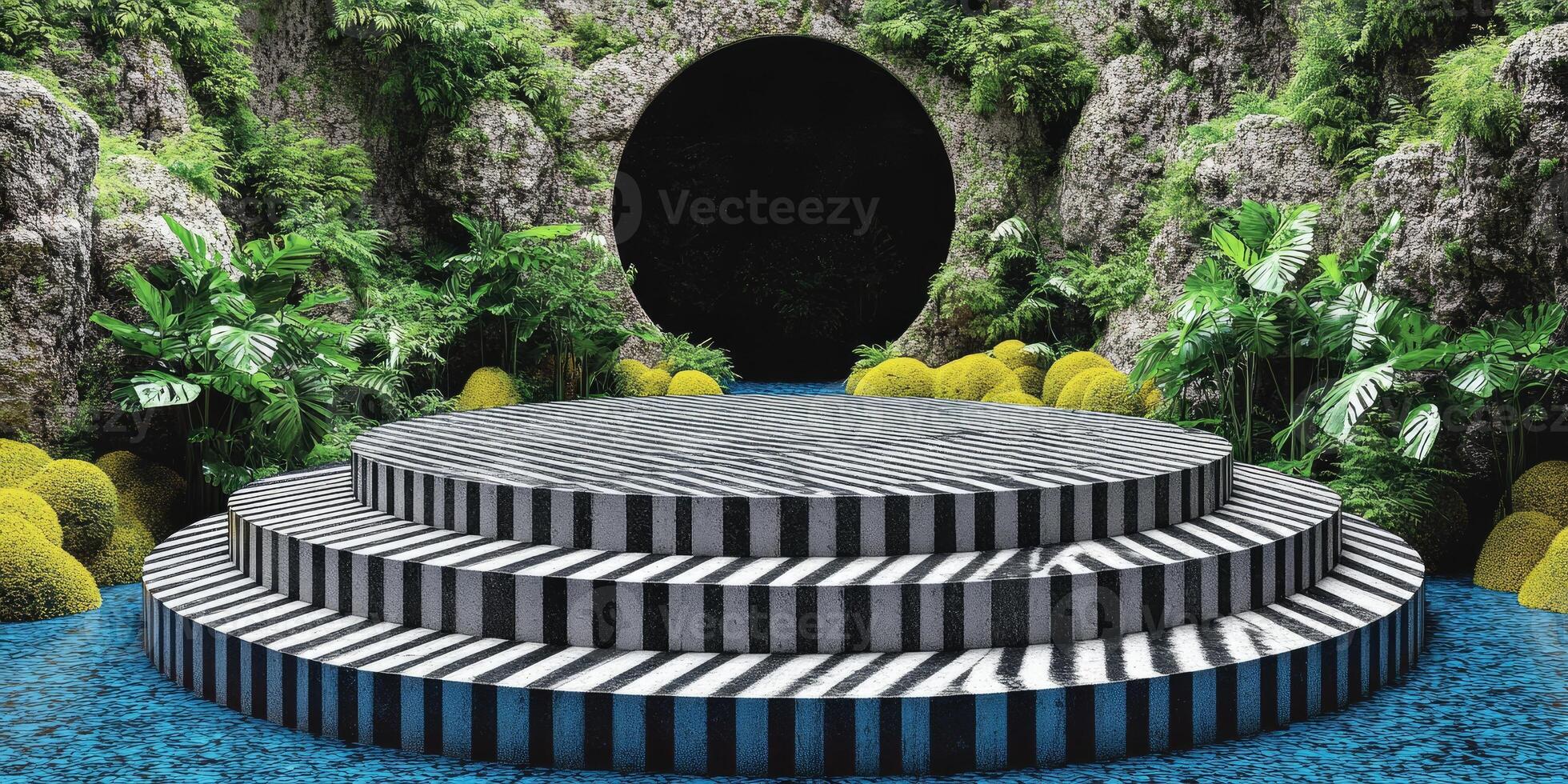 Circular Striped Platform with a Cave Opening in a Tropical Setting photo