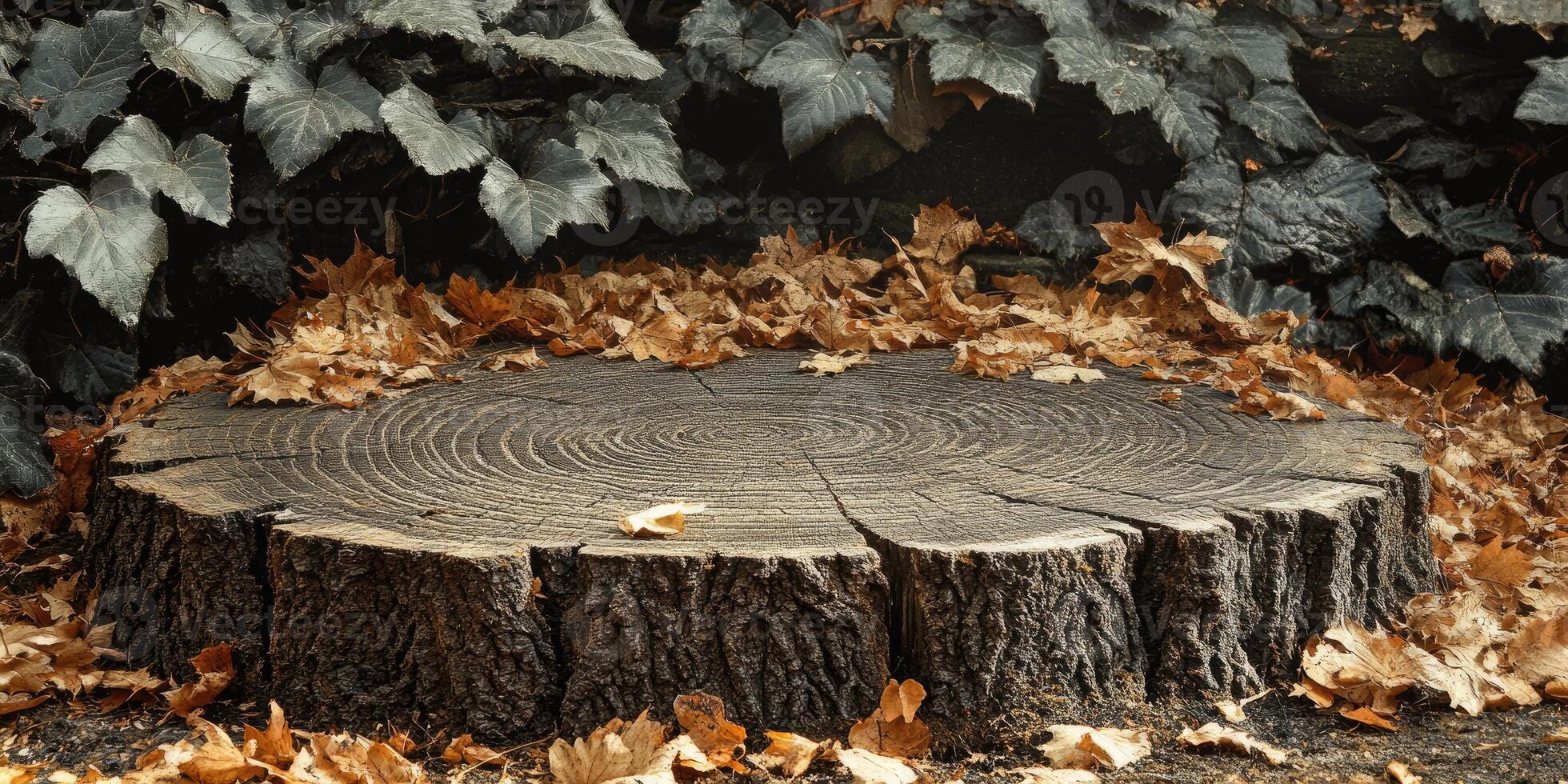 Tree Stump Surrounded by Fallen Autumn Leaves photo