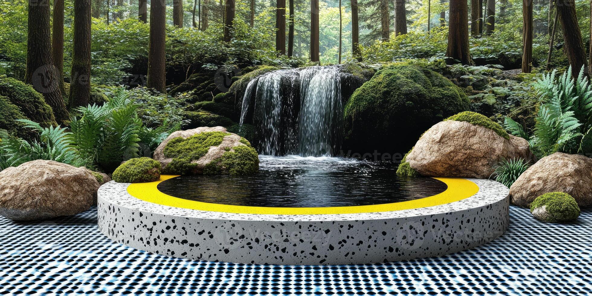 Concrete Platform with Waterfall and Lush Greenery in a Forest Setting photo