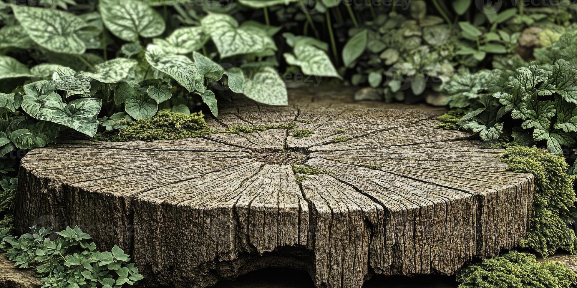 Weathered Tree Stump with Green Foliage photo