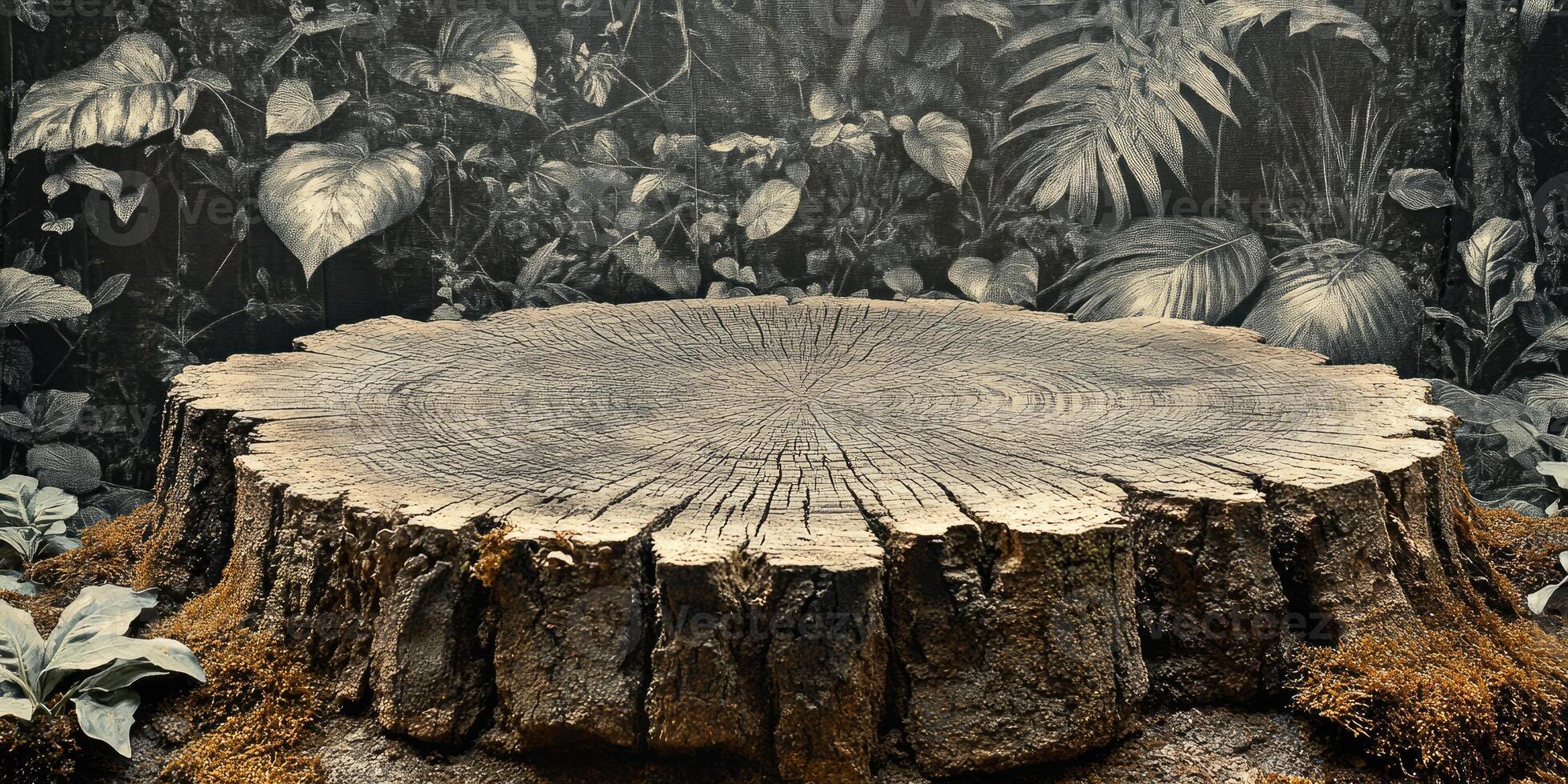 A weathered tree stump with a smooth, circular surface against a dark, leafy backdrop. photo
